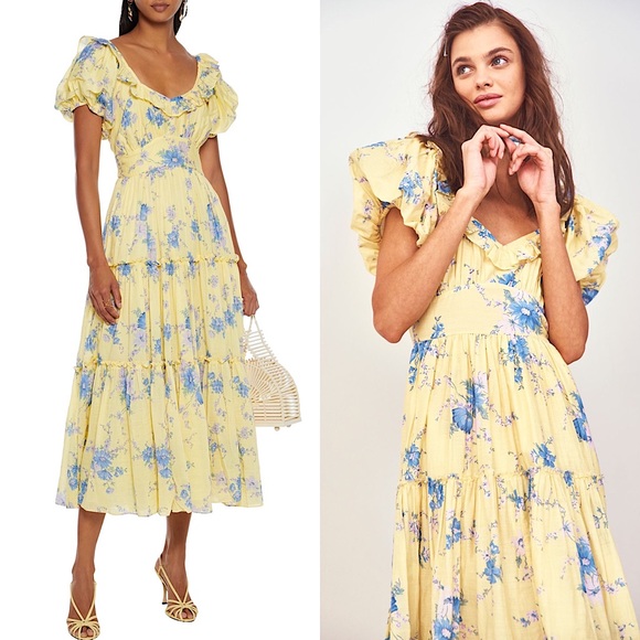 LoveShackFancy Dresses & Skirts - LOVESHACKFANCY Midi Dress Cotton Silk Puff Sleeve Tiered Summer Yellow Floral 2